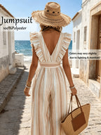 Women'S Jumpsuit with Ruffled Cuffs Design, Cinched Waist for Effect, Summer New Style, Suitable for Beach Vacation Wear, Fiber, Fabric Hanging Well And Not Easy to Collapse - Mixed colors