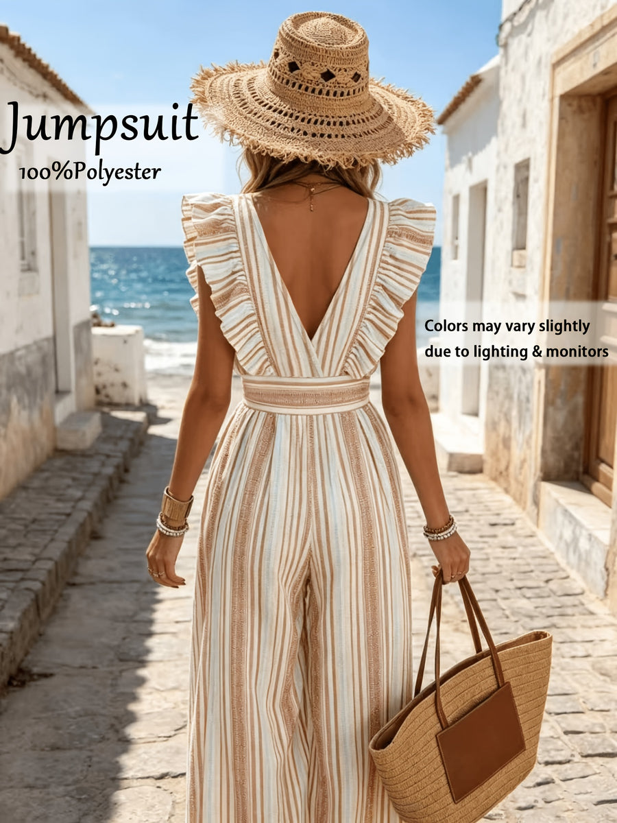 Women'S Jumpsuit with Ruffled Cuffs Design, Cinched Waist for Effect, Summer New Style, Suitable for Beach Vacation Wear, Fiber, Fabric Hanging Well And Not Easy to Collapse - Mixed colors
