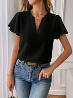 Women's Elegant V-Neck Ruffled Sleeve Blouse - Lightweight 100% Polyester Short Sleeve Shirt, Machine Washable Solid Color Top for Spring/Summer Casual & Formal Wear - Black