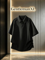 Men'S Summer Asymmetrical Cutout Lapel with Double-Button, Unisex Off-Shoulder Loose Curved Hem Drapey Short-Sleeve T-Shirt - Black