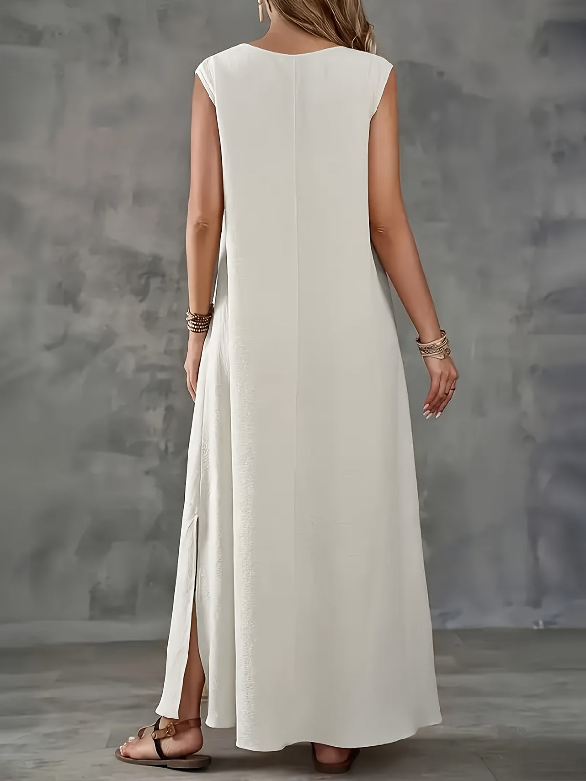 Women's Elegant V-Neck Sleeveless Maxi Dress - A-Line Lightweight Polyester Solid Color Machine Washable Spring Summer Casual & Formal Wear, Casual Summer Dresses, Sophisticated Style, Flowy Fabric, Daytime Wear, Breathable Material, Adult Clothing - Khaki