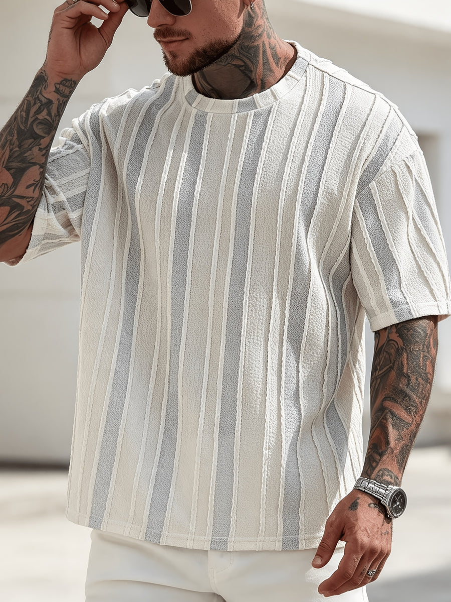 Men'S American Trendy Vertical Stripe Short Sleeve T-Shirt, Hollow Breathable Loose Drop Shoulder Round Neck Top, Summer Street Casual Wear - Blue