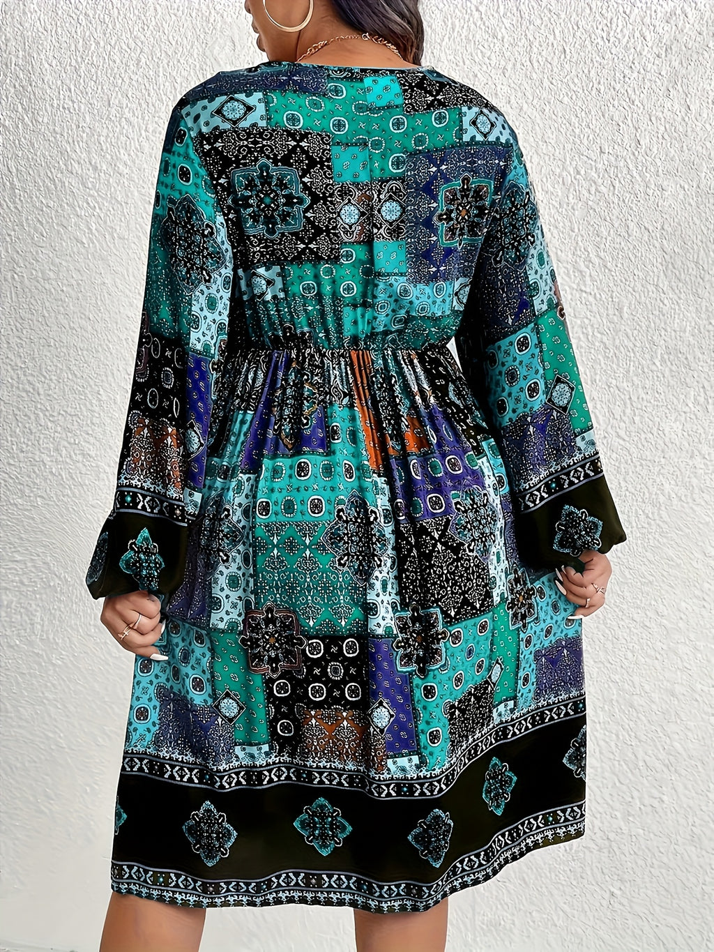 Plus Size - Plus Size - Bohemian Style Plus-Size V-Neck Lantern Sleeve Dress with Elegant Geometric Patterns - Dark Cyan