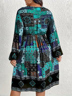 Plus Size - Plus Size - Bohemian Style Plus-Size V-Neck Lantern Sleeve Dress with Elegant Geometric Patterns - Dark Cyan