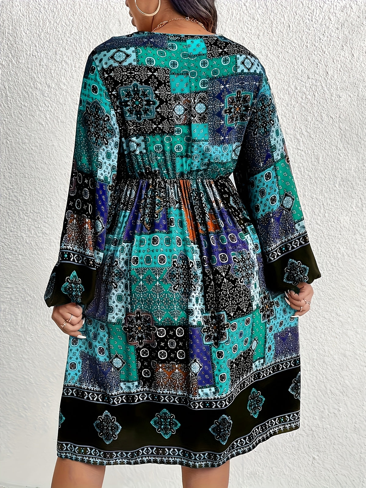 Plus Size - Plus Size - Bohemian Style Plus-Size V-Neck Lantern Sleeve Dress with Elegant Geometric Patterns - Dark Cyan