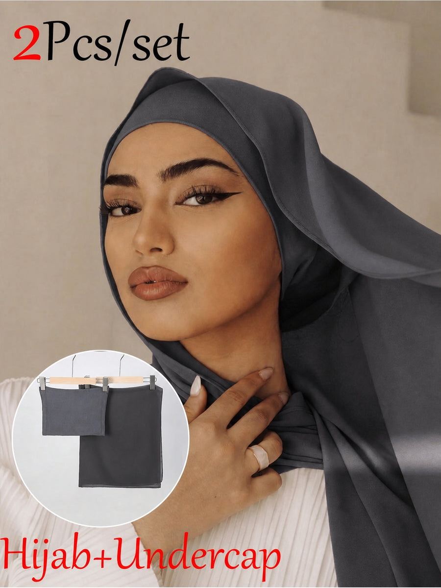 2pcs/Set FONSAF Women' Chiffon & Tube Cap - Solid Color Muslim Headscarf with Jersey Inner Cap, Breathable Chiffon Suitable for Prayer, Work, Daily Wear, Conservative for All Seasons, Suitable for Work, Commute, Outing, Party - Dark Gray