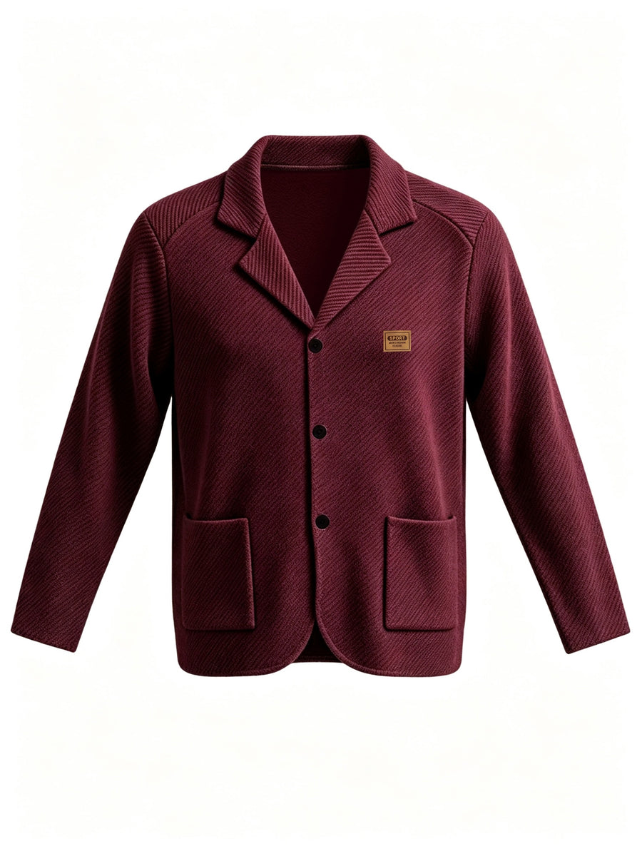 Men'S Spring Autumn New Pinstripe Textured Fabric Blazer Collar Cardigan Single Button Double Pocket Business Casual All-Match Long Sleeve Jacket, Knit Soft Comfortable Fashion Solid Color Outerwear Suitable for Daily Outings, Dates, Holidays - Burgundy