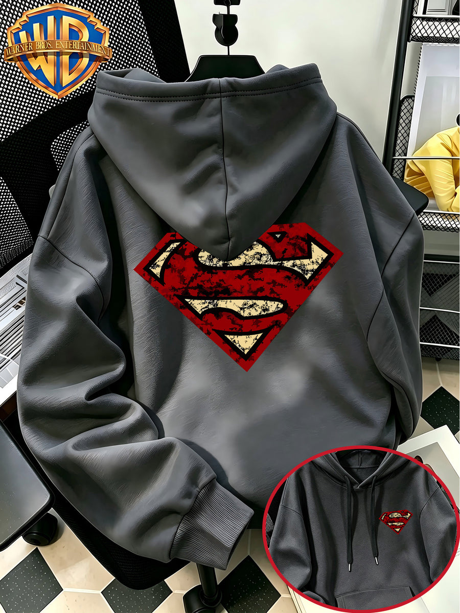 [Warner Bros. Official] Autumn/Winter Streetwear Fashion Men's Drawstring Pocket Hooded Sweatshirt, Vintage Distressed Superman "S" Logo Worn Badge Print Design, Sporty Style Loose Fit Hoodie, for Daily Casual Wear, Men's Trendy Fashion - Dark Gray