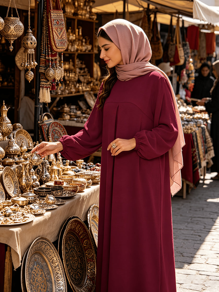 1pc (Headscarf Not Included) Elegant Holiday Style Loose Wrinkled Versatile Solid Color Suitable for Daily Wear Comfortable Casual Loose Comfortable Women'S Abaya Dress. Abayas for Women Muslim Long Dresses for Women Abaya Damen Ladies Abaya Robe Ma - Deep Red