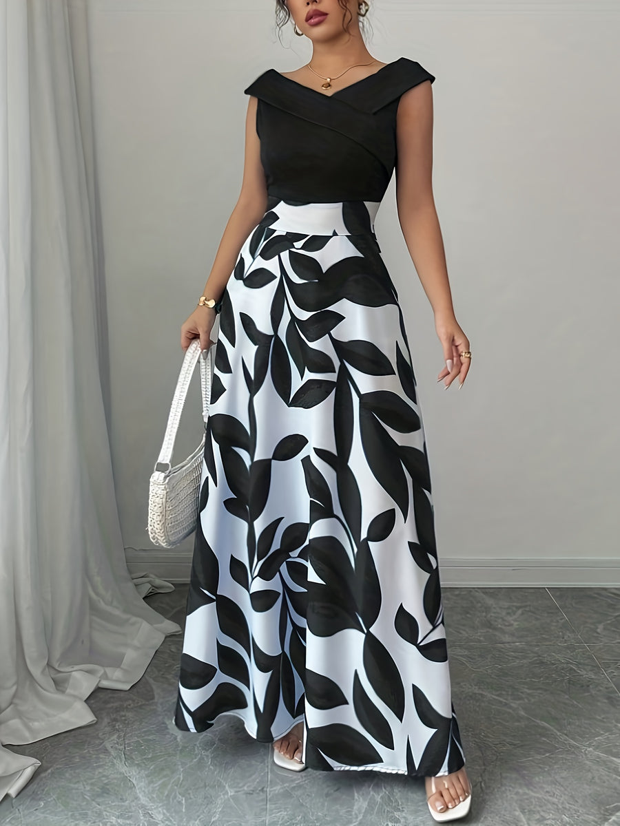An Elegant V-Neck Floral Print A-Line Maxi Dress with Pockets - Featuring a Leaf Pattern, Short Sleeves, a Cinched Waist, And a Flowing Skirt, Perfect for Summer, Suitable for Both Casual And Formal Wear - Black