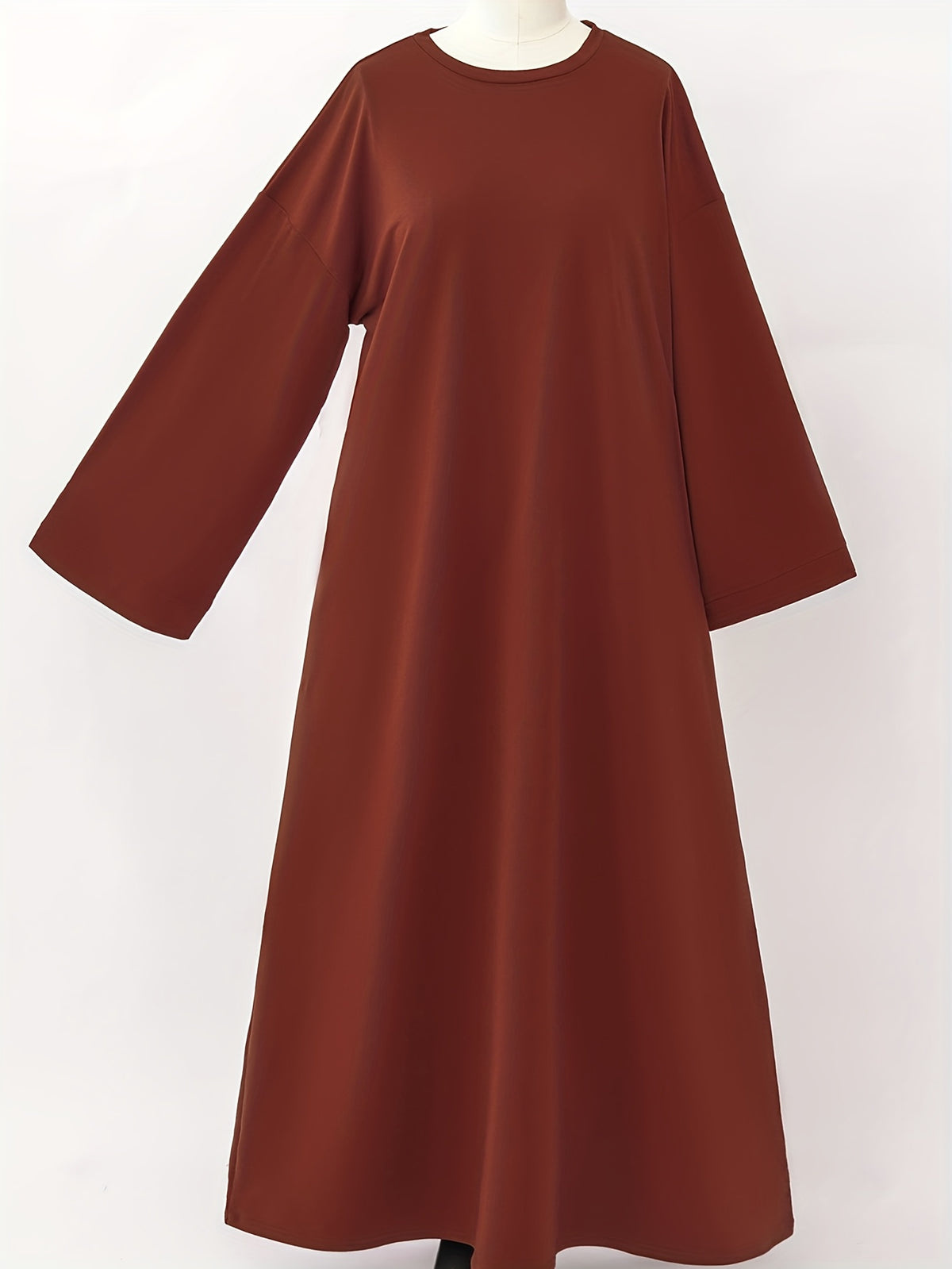 1pc Middle Eastern Sweatshirt Dress, Muslim Minimalist Solid Color Dress, Saudi Arabia Women's Elegant Round Neck Cover-Up Casual Inner Wear Dress with Pockets - Coffee Brown