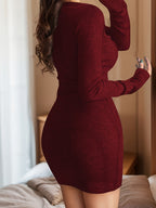 A Long-Sleeved V-Neck Dress That Flatters The Figure And Cinches at The Waist, Perfect for Both Work And Home - Burgundy