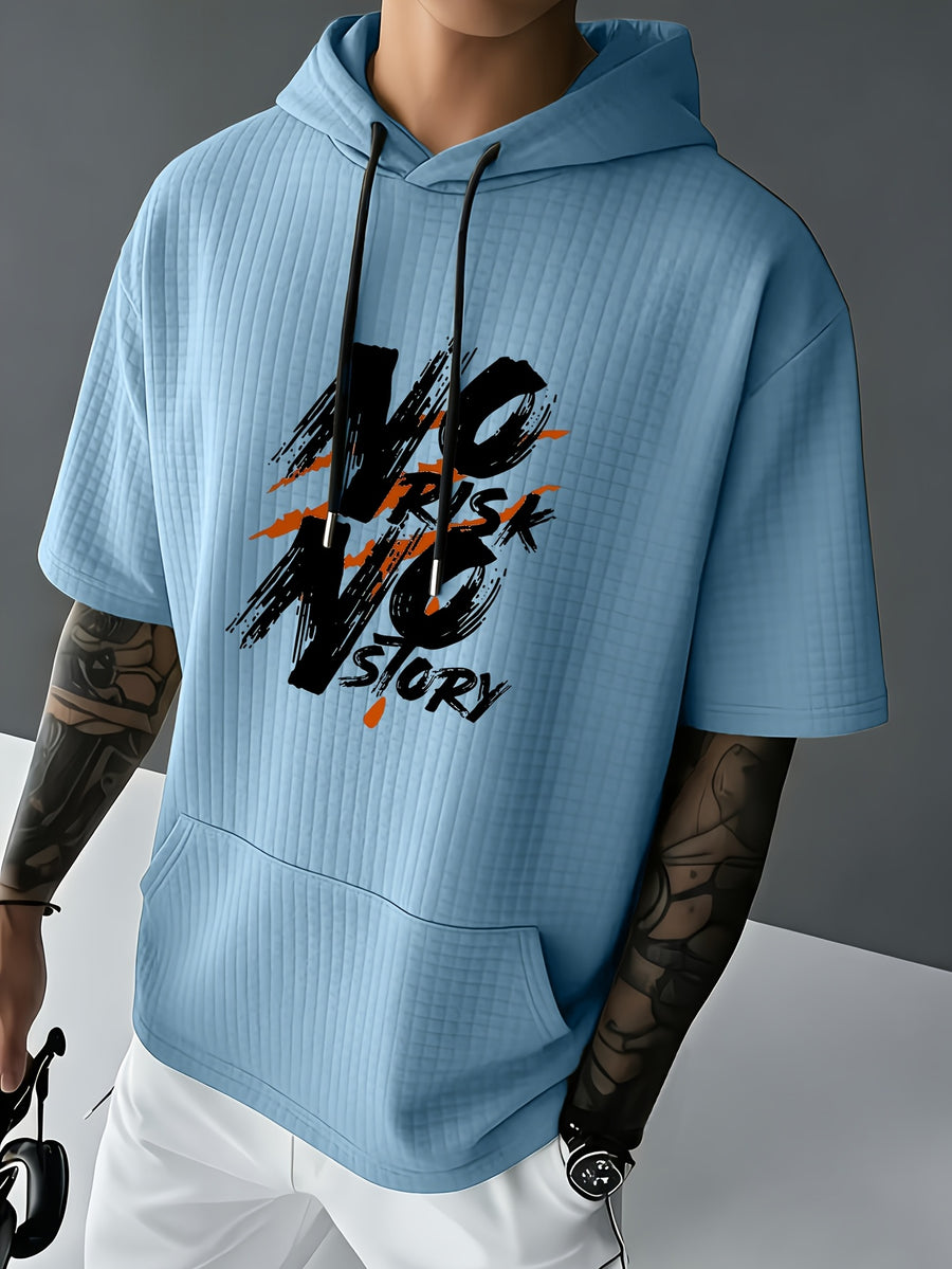 NO RISK NO STORY Men's Waffle Knit Short Sleeve Hoodie Top, Comfortable Printed Drawstring Sweatshirt T-Shirt with Pocket, Summer Casual Fashion Men's Apparel, Suitable for Outings and Home Wear, Suitable for Daily and Formal Wear, Summer Fashion - Sky Blue