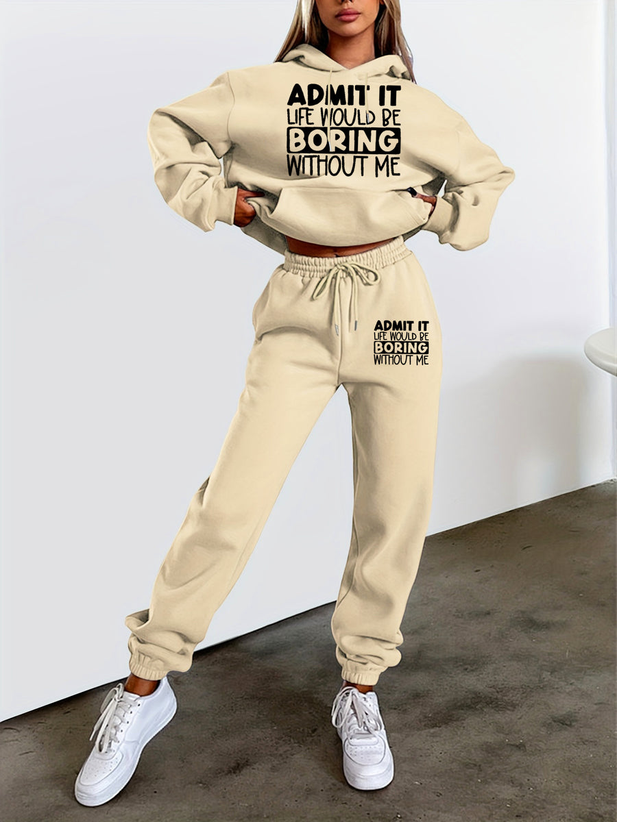 Women'S Casual Long-Sleeve Hoodie And Pants Set with Drawstring And Letter - Apricot
