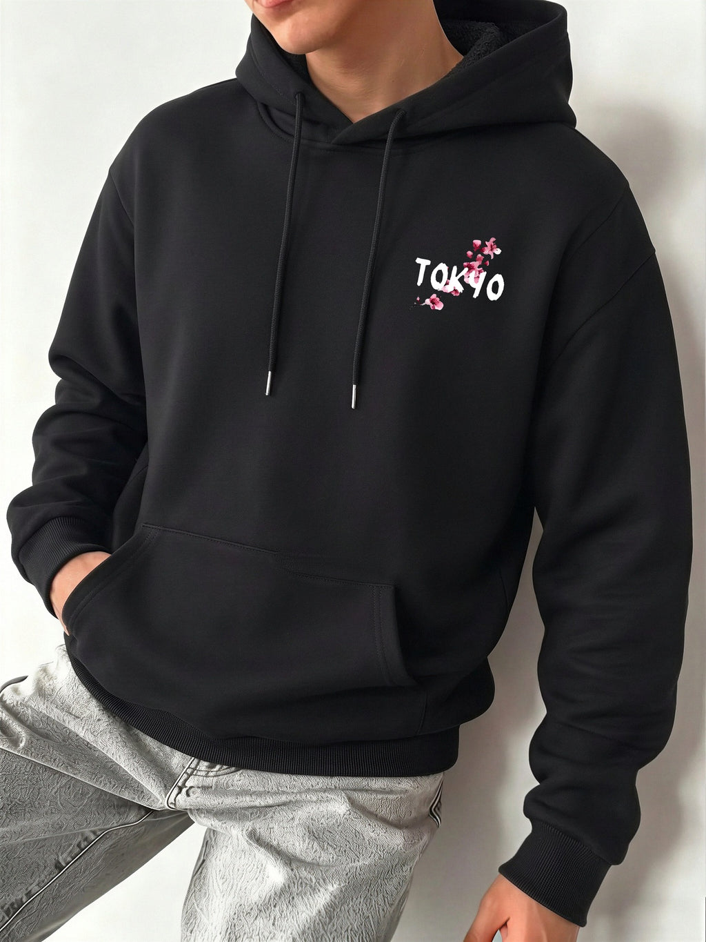 Men's Hooded Sweatshirt with Plum Blossom and Moon Pattern, Comfortable, Casual, Soft, and Breathable for Spring and Autumn Daily Wear - Black
