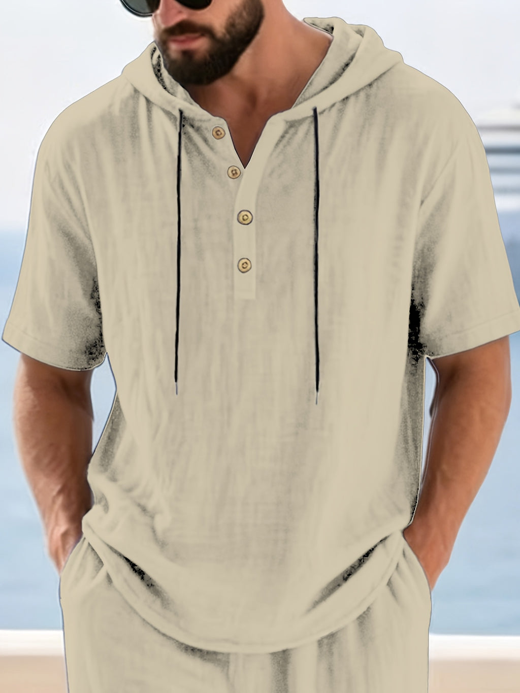 [2Pcss Set] Linen Hooded Short Sleeve Outfit Men'S Vacation Style Loose Casual Home Beach 2Pcss Set - Khaki+Sky Blue