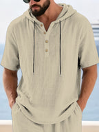 [2Pcss Set] Linen Hooded Short Sleeve Outfit Men'S Vacation Style Loose Casual Home Beach 2Pcss Set - Khaki+Sky Blue