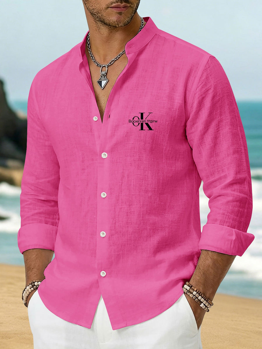 Men's New Casual Stand Collar Long Sleeve Shirt, Faux, Skin-Friendly, Soft, and Breathable, Baoxinren Ytprw OK Letter Print Button-Up Top, Suitable for Beach Activities, Island Vacation Style, Parties, Daily Commutes, and Versatile Wear - Rose Red