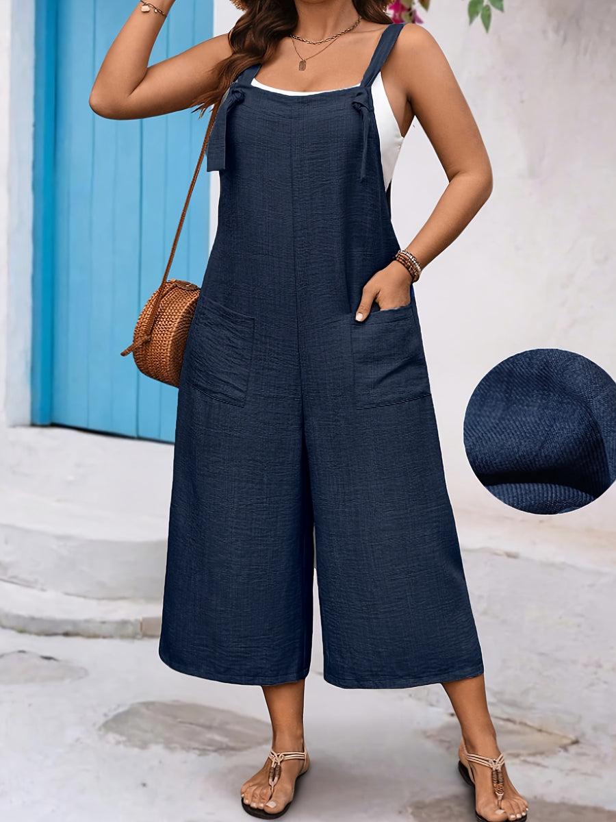 Summer Casual Vacation Women's Jumpsuit, Simple, Daily, Comfortable, and Stylish, with Front Pocket Decoration, Holiday Leisure Women's Jumpsuit - Navy Color