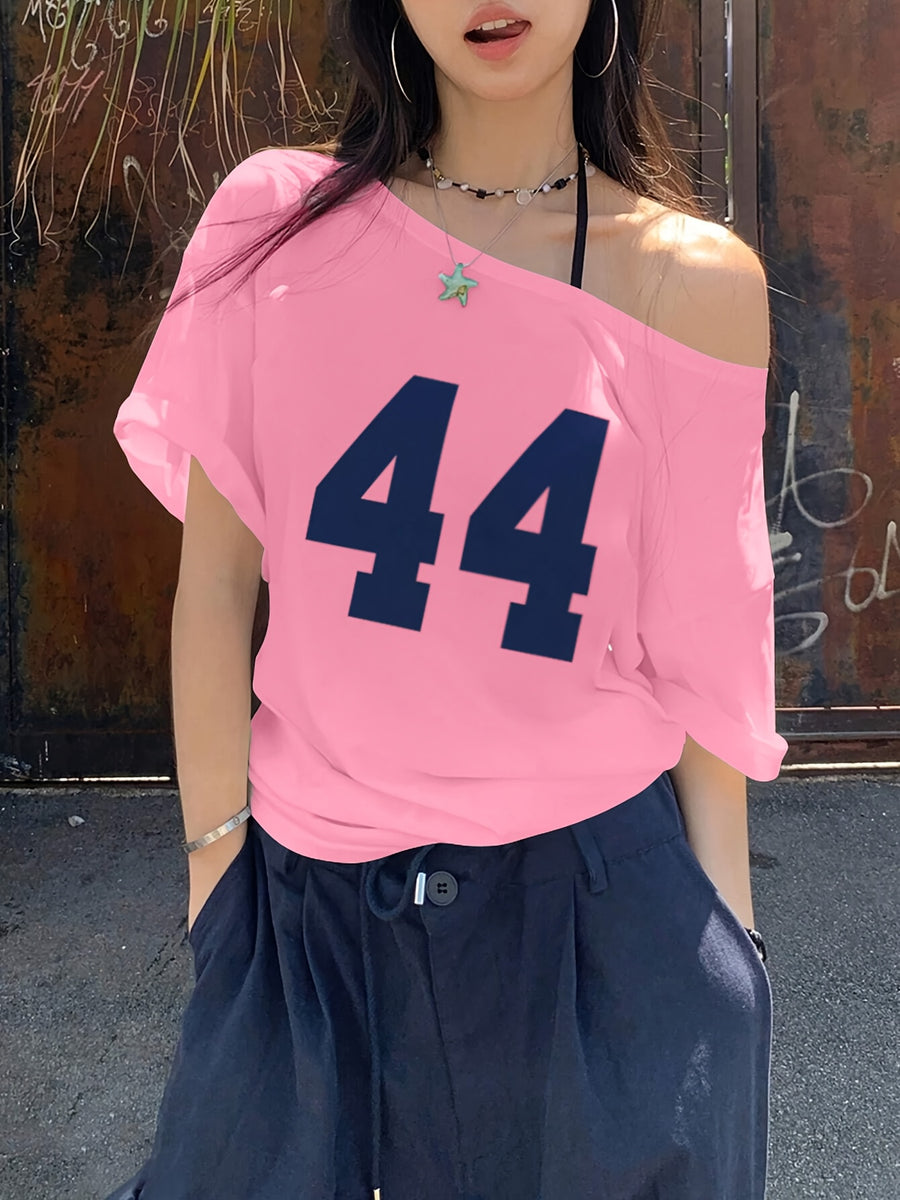 Women'S Casual Off-Shoulder Short Sleeve Number Print Pattern T-Shirt, Slouchy Casual Short Sleeve, Regular Loose Summer Short Sleeve Top - Pink