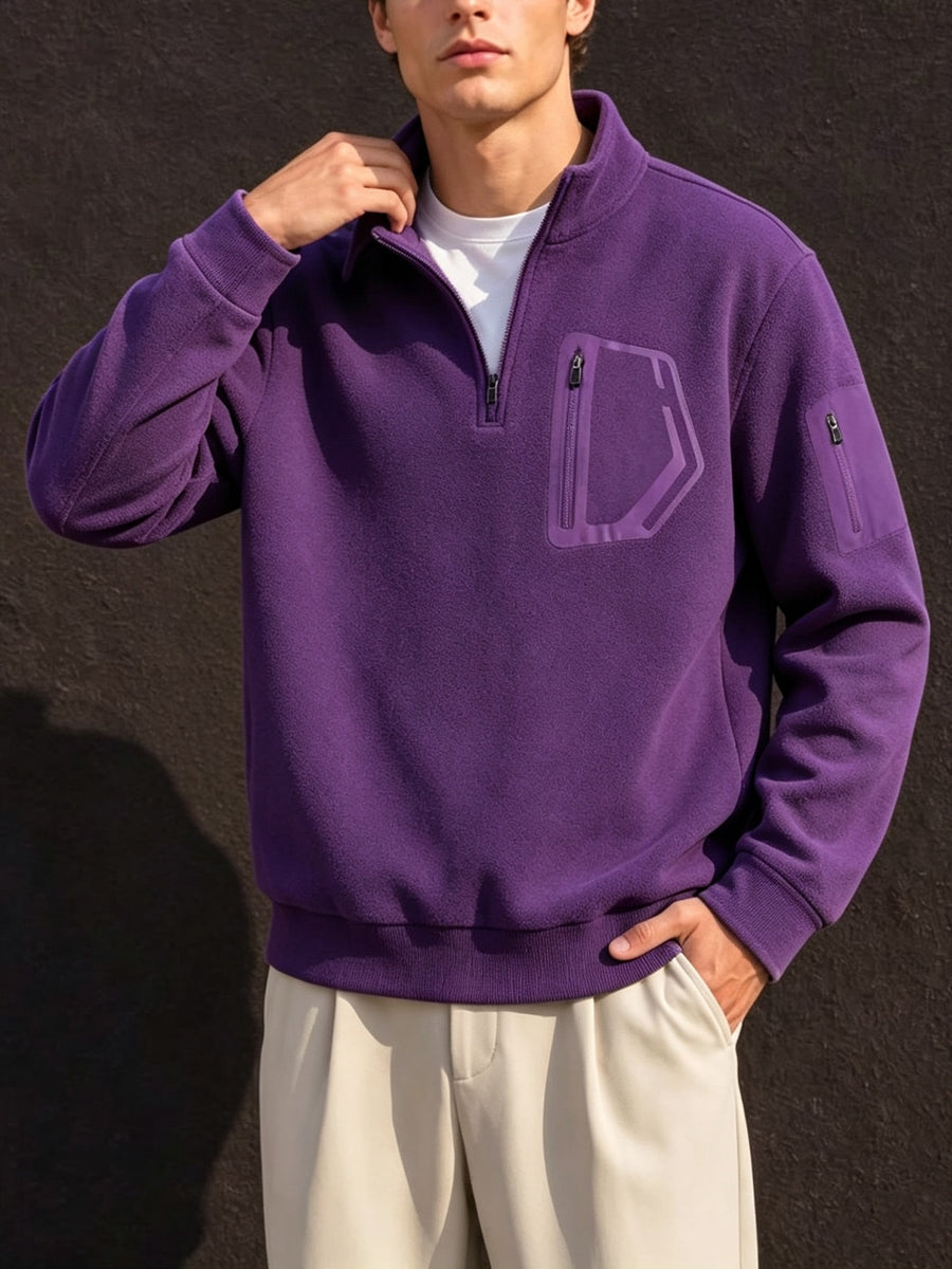 Men's Half-Zip Stand Collar Sweatshirt, Suitable for Daily Commuting, Urban Outings, Outdoor Walks, Short Hikes, Home Leisure, Etc., for Autumn and Winter - Purple