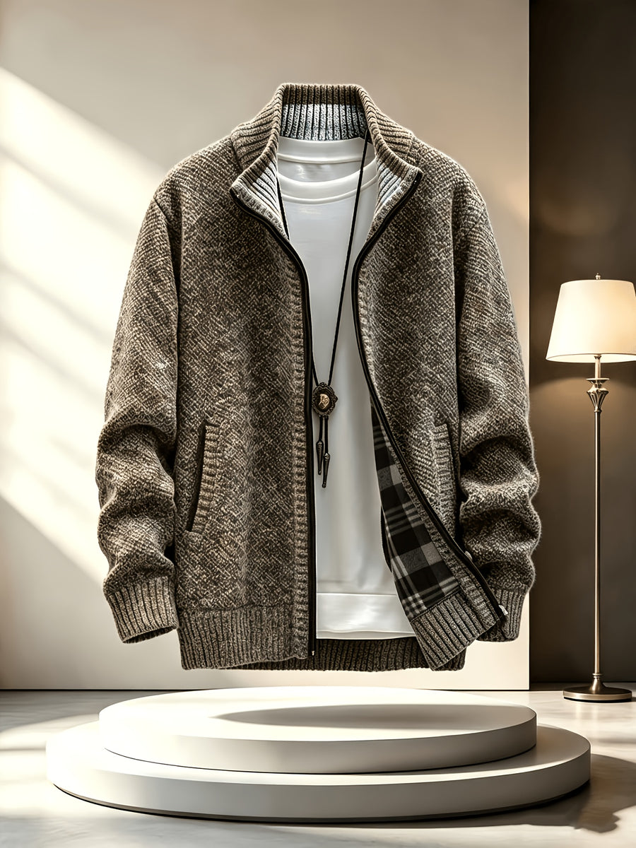 Men'S Stand Collar Zip-Up Knitted Cardigan for Fall Winter, Solid Color Long Sleeve Fleece Lined Casual Sweater Coat, Slim Fit And Versatile for Daily Wear - Khaki