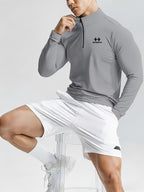 2pcs Set Men'S Casual Athletic Long Sleeve, Casual Athletic Top, Men'S Slim Fit Athletic Polo Shirt, Men'S Stand-Up Collar Polo Shirt, Fashionable And Versatile, Slim Fit, Half-Zipper Stand-Up Collar Design Detail, Suitable for Jogging, Cycling - White+gray