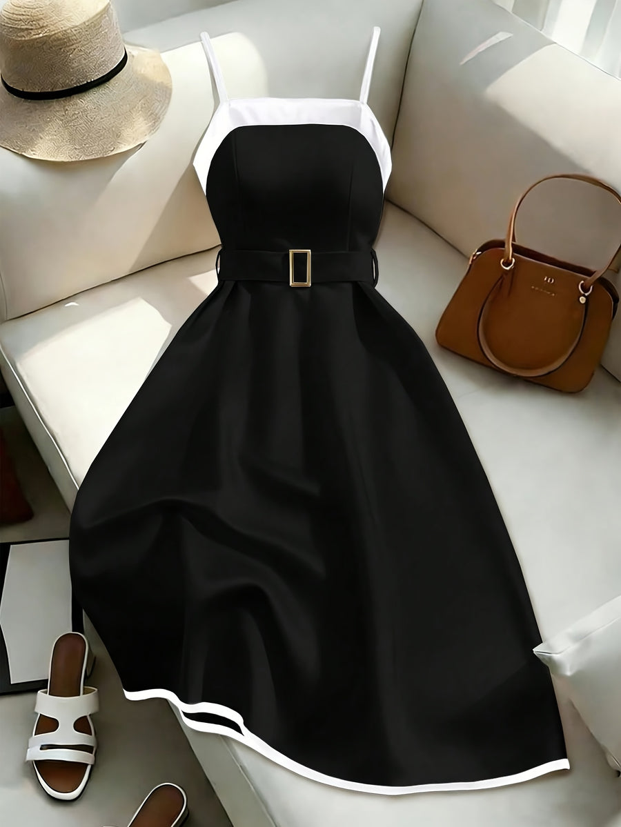 Women's Elegant New Summer Color-Block Camisole Dress with Waist Cinching Design, Bodycon A-Line Midi Dress - Black