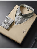 Men's 2-in-1 Look Long Sleeve Golf Polo Shirt, V-Neck Mock Vest Pullover, with Exquisite Logo on the Chest, Gray Plaid Shirt Collar and Cuffs, Breathable and Comfortable Polyester Top, Suitable for Adult Men's Weekend Gatherings, Outdoor Walks - Off-white