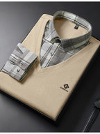 Men's 2-in-1 Look Long Sleeve Golf Polo Shirt, V-Neck Mock Vest Pullover, with Exquisite Logo on the Chest, Gray Plaid Shirt Collar and Cuffs, Breathable and Comfortable Polyester Top, Suitable for Adult Men's Weekend Gatherings, Outdoor Walks - Off-white