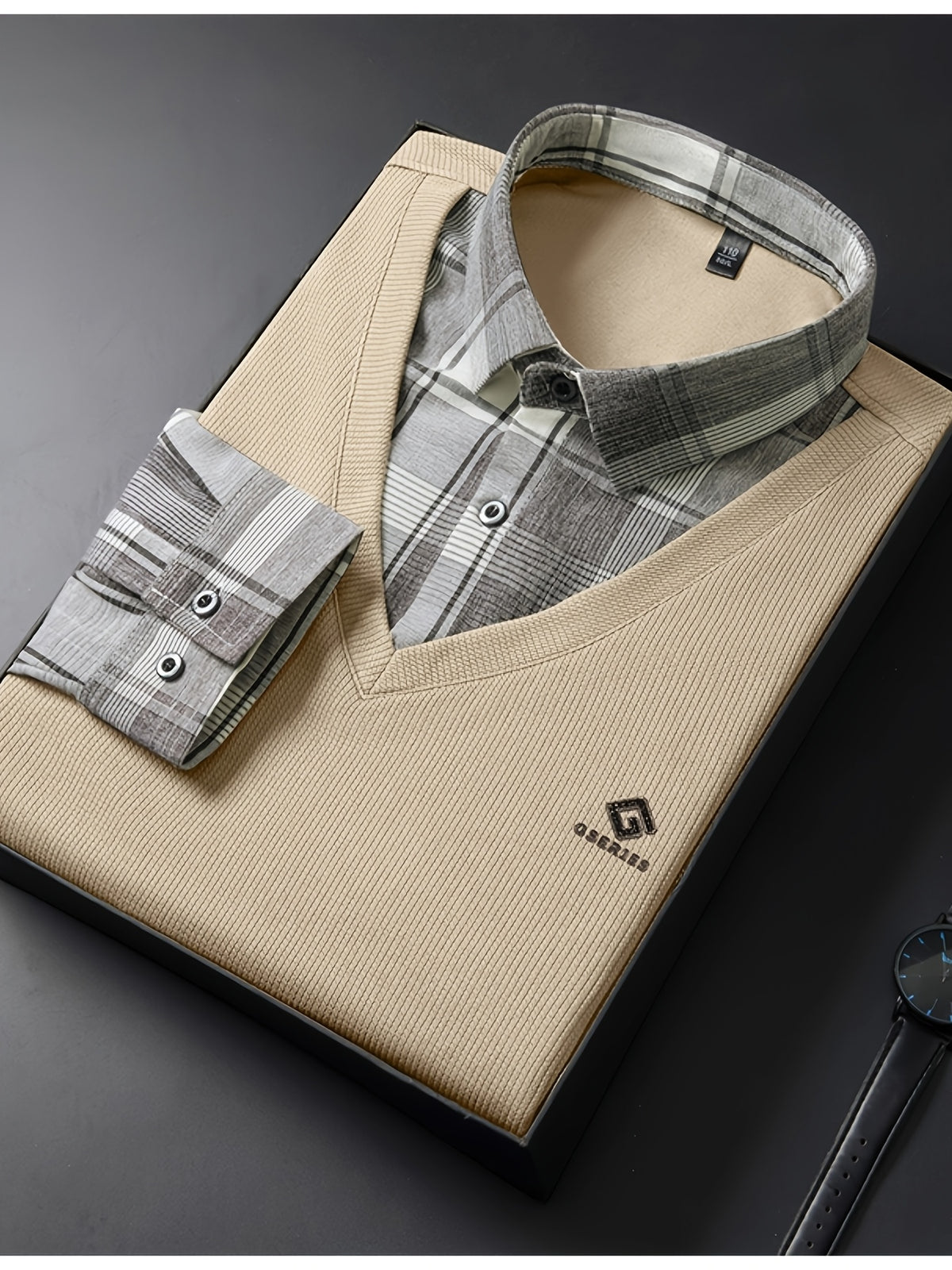 Men's 2-in-1 Look Long Sleeve Golf Polo Shirt, V-Neck Mock Vest Pullover, with Exquisite Logo on the Chest, Gray Plaid Shirt Collar and Cuffs, Breathable and Comfortable Polyester Top, Suitable for Adult Men's Weekend Gatherings, Outdoor Walks - Off-white