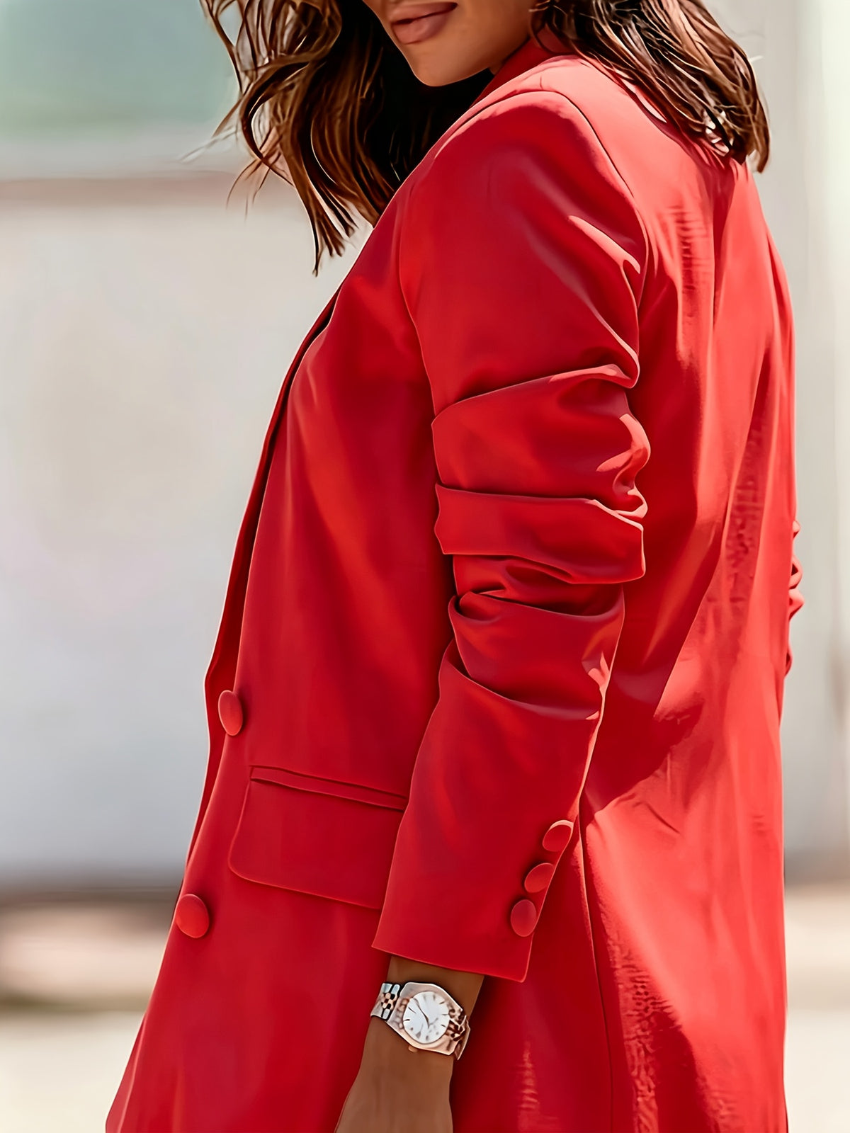 Fashion Women'S Elegant Suit Jacket Trendy Solid Color Lapel Double-Breasted Blazer - Red
