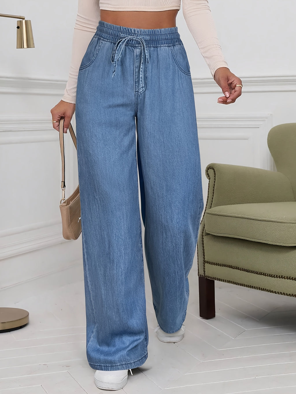 Plain Washed Light Blue Elastic Waistband Loose Fit Wide-leg Imitation Denim Pants, Women's Imitation Denim Pants for Spring and Autumn Weardenim - Light Blue