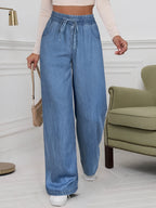 Plain Washed Light Blue Elastic Waistband Loose Fit Wide-leg Imitation Denim Pants, Women's Imitation Denim Pants for Spring and Autumn Weardenim - Light Blue
