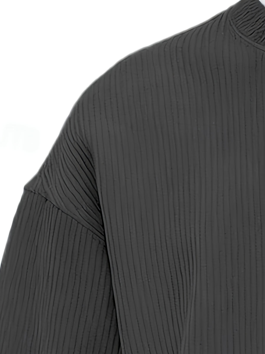 [Josh Mei Obm] Men'S Casual V-Neck Long Sleeve Loose Solid Color Henley Shirt, Welding Autumn'S Relaxed Feel Onto The Body, Lazy Daily Wear - Dark Gray