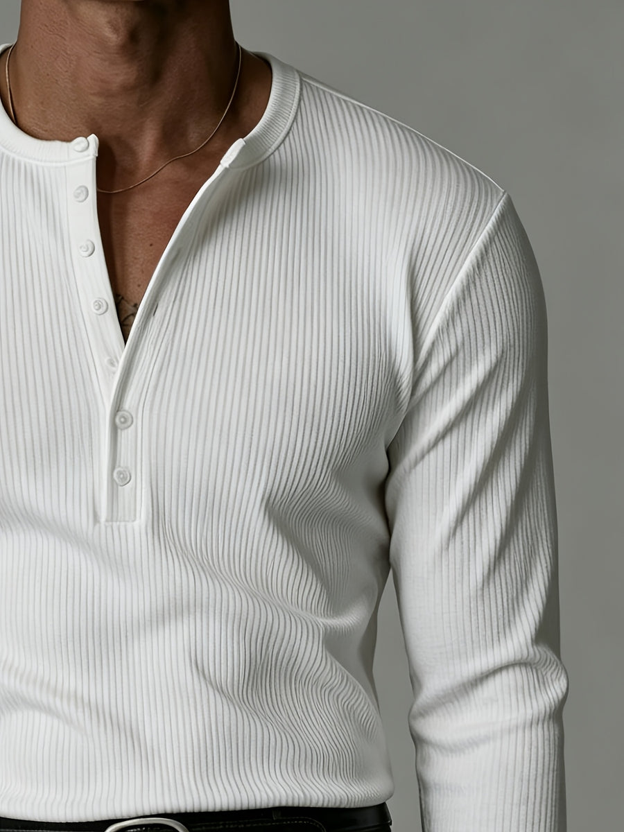 [Josh Mei OBM] French Retro Men'S White Long Sleeve Henley Shirt, Knit Inner Layer Outer Wear Base Layer, Elegant Open Cardigan Round Neck Design, Temperament Casual Top - White