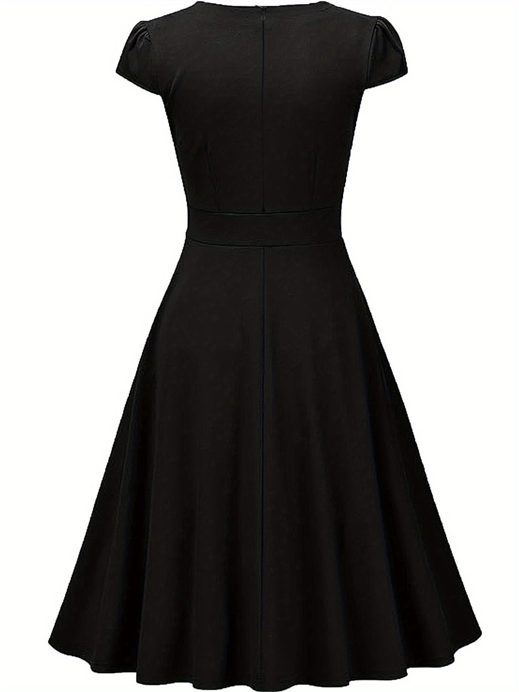 Summer Women'S Fashion Easy Solid Color Cross V-Neck Short Sleeve Waist-Cinching A-Line Midi Dress, Suitable for Daily Wear, Commuting, Office, And Business Formal Occasions - Black
