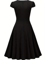 Summer Women'S Fashion Easy Solid Color Cross V-Neck Short Sleeve Waist-Cinching A-Line Midi Dress, Suitable for Daily Wear, Commuting, Office, And Business Formal Occasions - Black