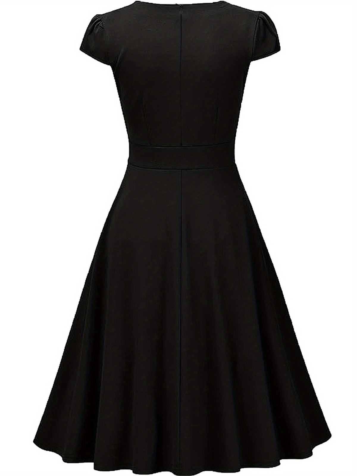 Summer Women'S Fashion Easy Solid Color Cross V-Neck Short Sleeve Waist-Cinching A-Line Midi Dress, Suitable for Daily Wear, Commuting, Office, And Business Formal Occasions - Black