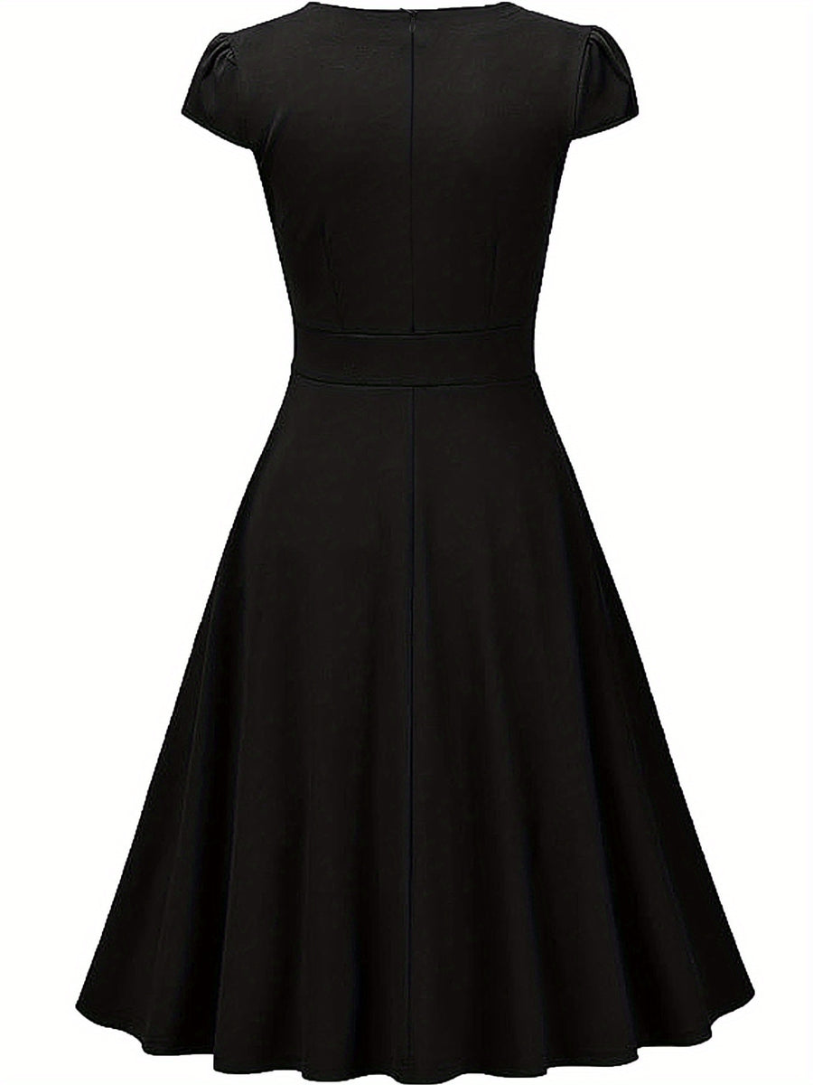 Summer Women'S Fashion Easy Solid Color Cross V-Neck Short Sleeve Waist-Cinching A-Line Midi Dress, Suitable for Daily Wear, Commuting, Office, And Business Formal Occasions - Black