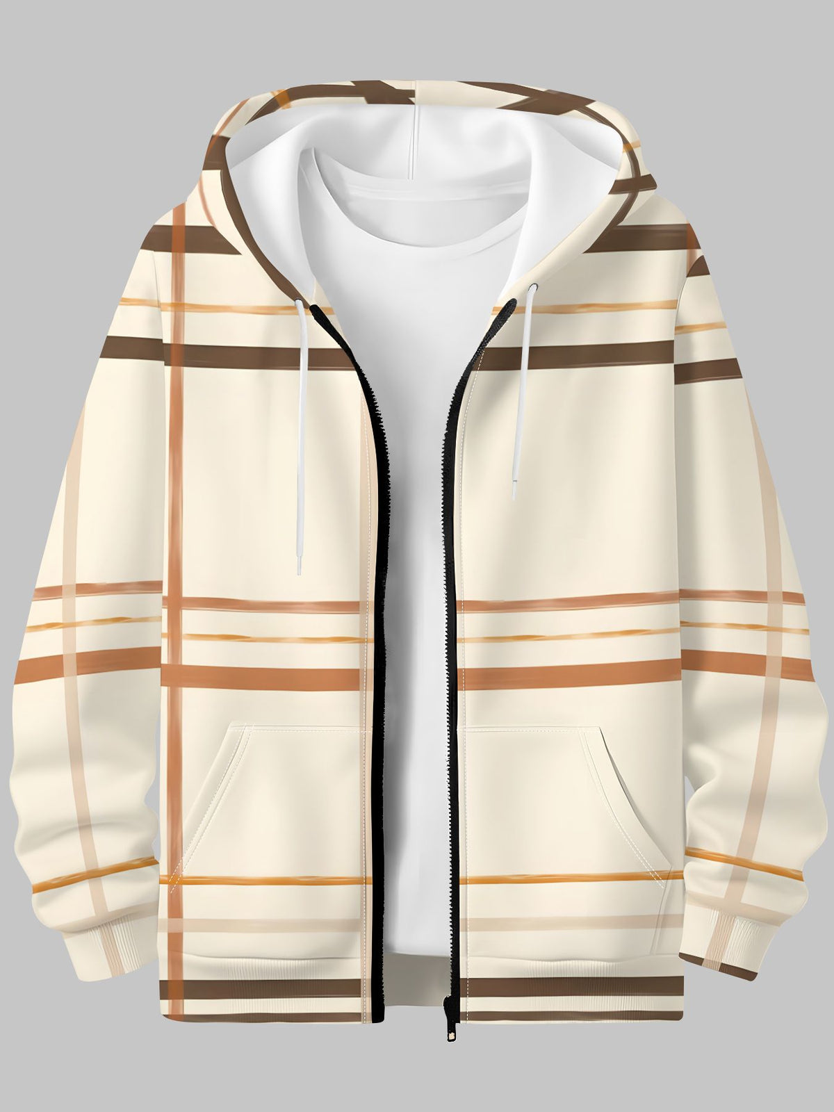 Men'S Autumn Winter Zipper Hooded Sweatshirt Warm Beige Plaid Background Print Casual All-Match Top - Mixed colors