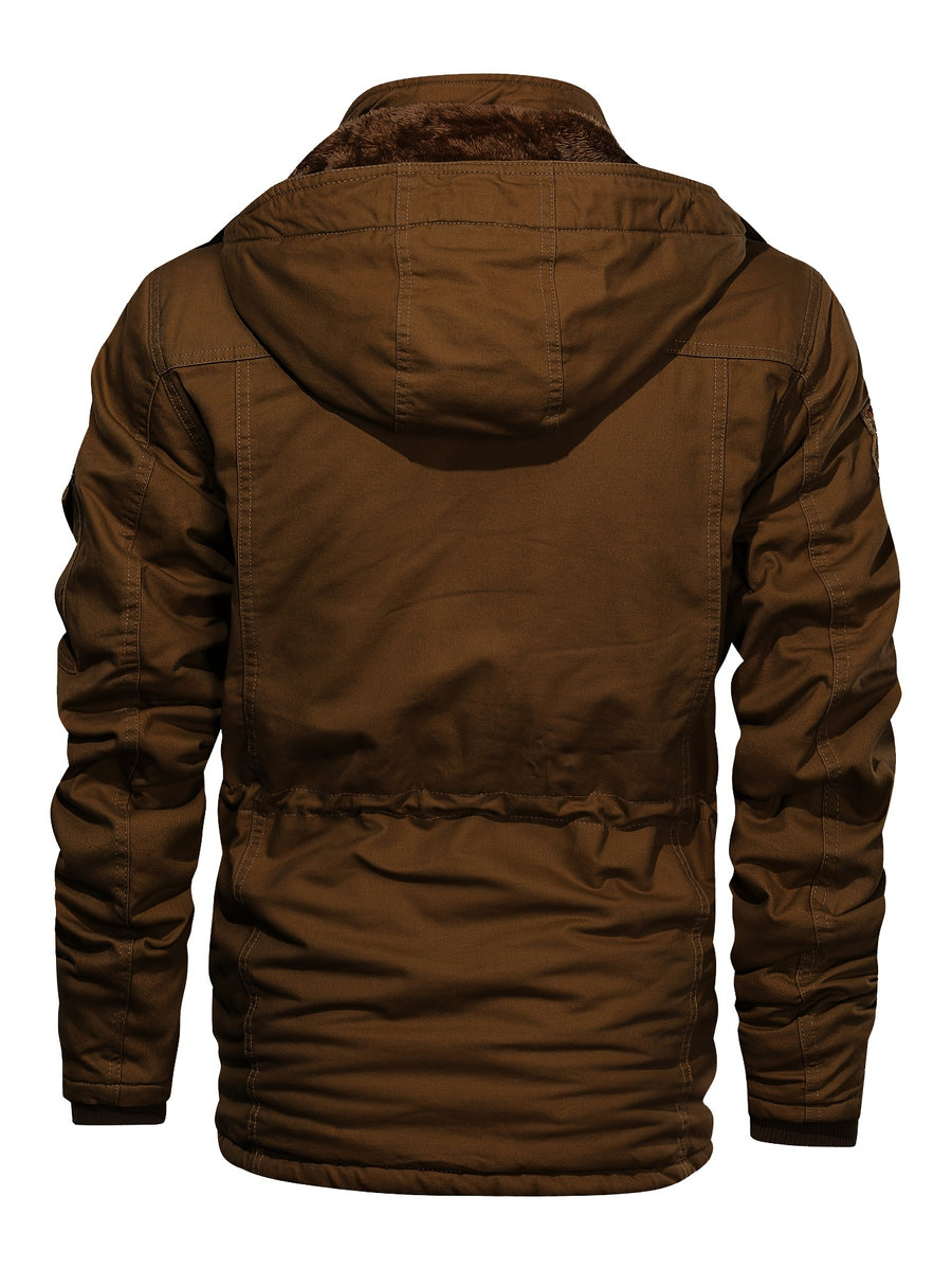 Men'S Winter Fleece-Lined Hooded Jacket - Thick Warm Insulated, Multiple Pockets, 100% Polyester Casual Coat, Machine Washable Regular Fit for Autumn/Winter Outdoor Wear, Winter Outerwear - Coffee Color