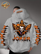 Warner Official - Men's Fashion Hoodie Sweatshirt, Halloween-themed Bat and Spiderweb Hand-Drawn Graffiti Suit Joker with Three Different Evil Smile Expressions Joker Head + "JOKER" Lettering Creative Pattern Print, Soft and Skin-Friendly Fabric - Light Grey