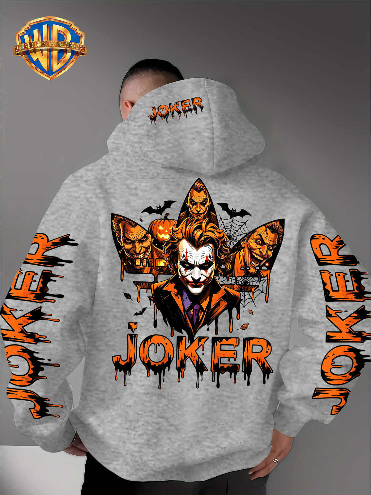 Warner Official - Men's Fashion Hoodie Sweatshirt, Halloween-themed Bat and Spiderweb Hand-Drawn Graffiti Suit Joker with Three Different Evil Smile Expressions Joker Head + "JOKER" Lettering Creative Pattern Print, Soft and Skin-Friendly Fabric - Light Grey