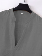 Spring/Autumn Men's Large V-Neck Linen Long Sleeve Shirt, a Versatile and Basic Men's Long Sleeve Top, Featuring a Casual and Comfortable V-neck Design, Suitable for Daily and Casual Wear - Grey