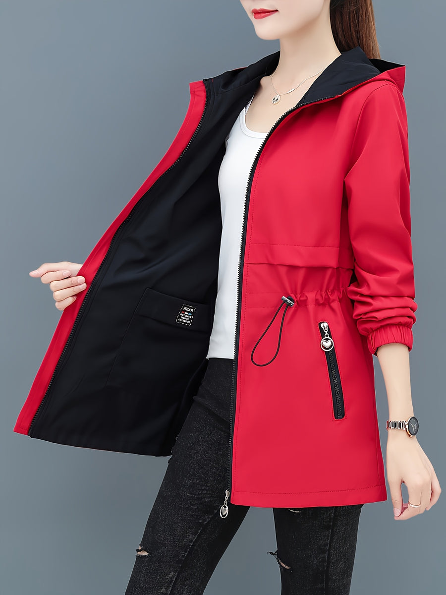 Reversible Women'S Trench Coat Jacket, Mid-Length Hooded Outerwear, Spring/Autumn Red And Green Contrast, Adjustable Waist Tie, Casual Elegant Outdoor Cardigan Top, Front Pocket Zipper Design, Non-Stretch Fabric, Fashionable Jacket - Red