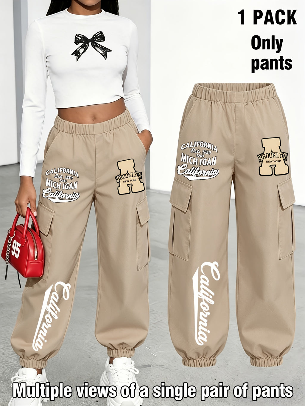 New Arrival - Women'S Long Pants (Single Piece), Cute And Fun Pattern Letter Print Cargo Pants, Multi-Pocket Design, Digital Cartoon Pattern, Cargo Style, Fashionable for Ages 18-25, Machine Washable, Durable Fabric - Perfect for Spring Summer - Khaki
