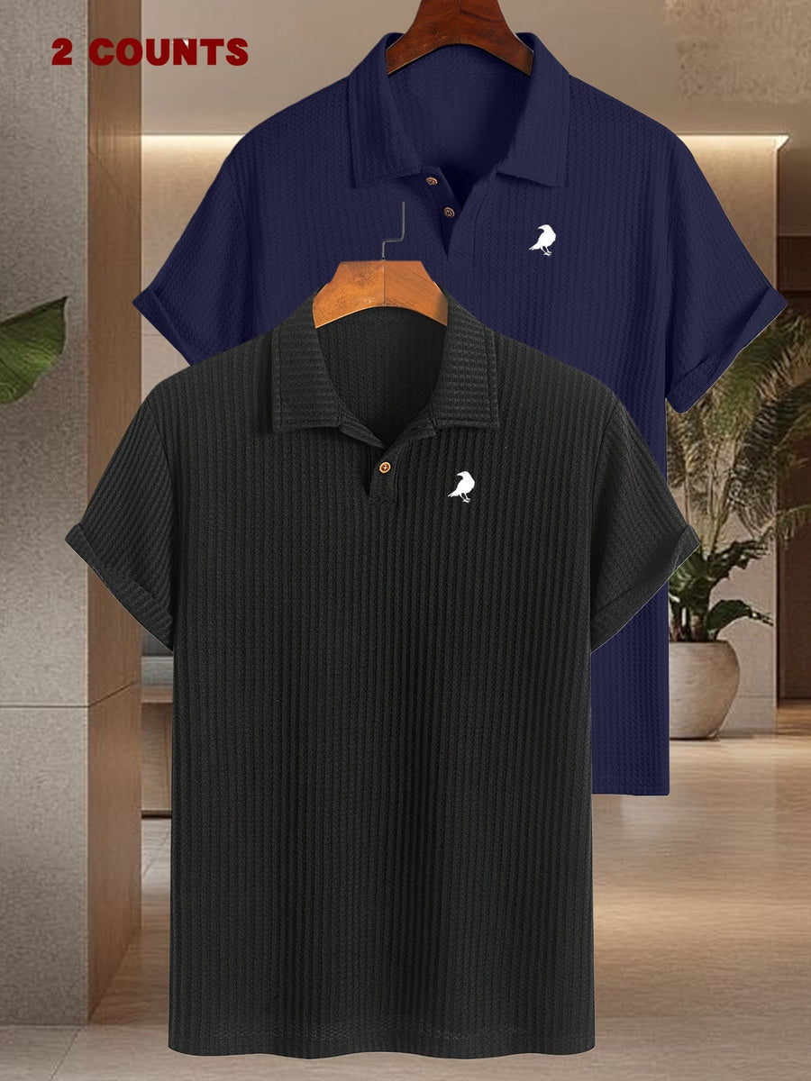 2pcs Set Summer Men'S Textured Jacquard Short Sleeve POLO Shirts | Comfortable Casual Soft Knit Lapel Collar, Ideal for Daily Business Wear - Black + Navy