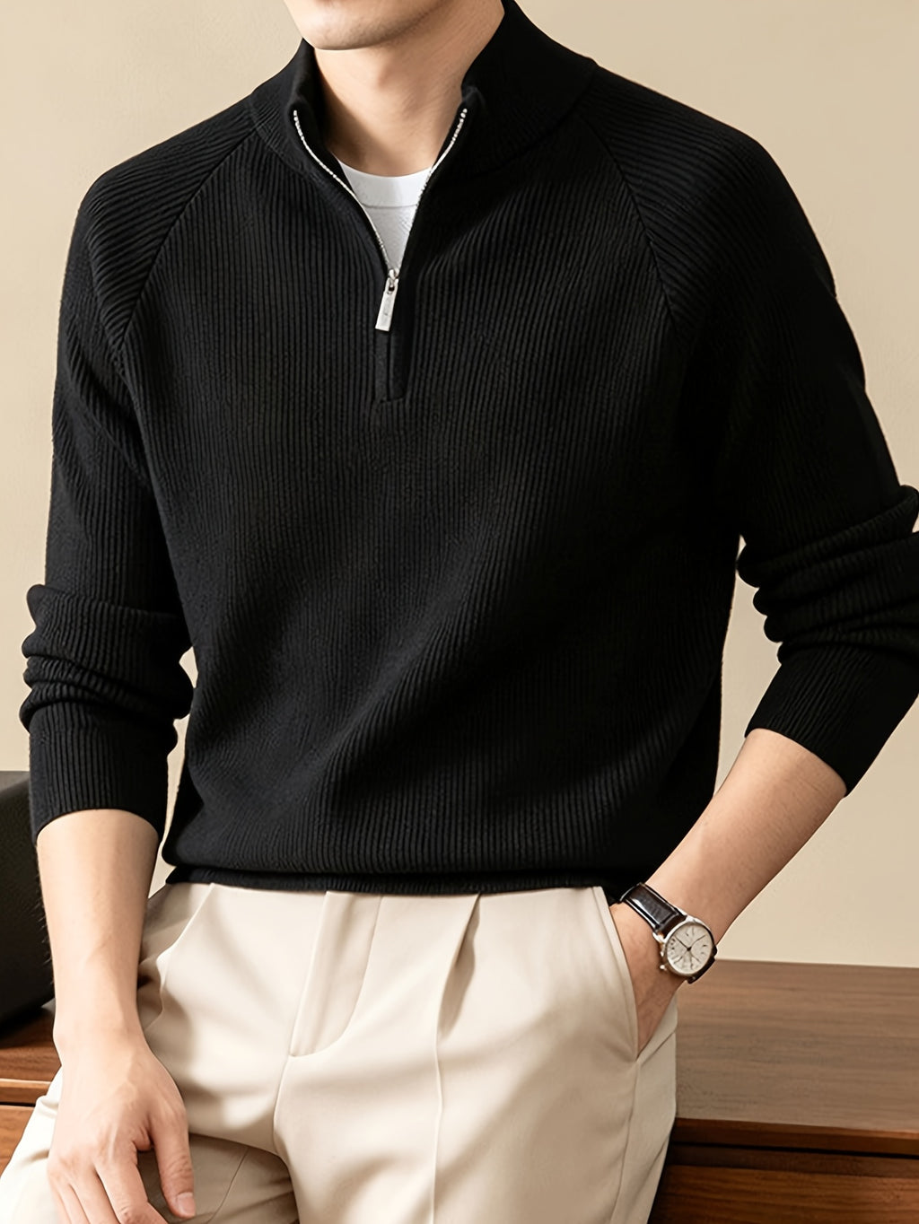 SINBOS Men's Half-Zip Stand Collar Sweater - Low-Saturation Earth Tones, Soft Ribbed Knit Zippered Cardigan, Stand Collar & Half-Zip Front Suitable for Business Casual & Minimalist Winter Wear, Autumn Winter Layering Piece - Black