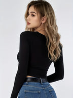 Women's Elegant Slim-Fit Solid Color Long Sleeve T-Shirt - Round Neck Blouse, Medium-Stretch Smooth Fabric, All-Season Versatile Top for Casual & Professional Wear, Machine Washable Shirt - Black